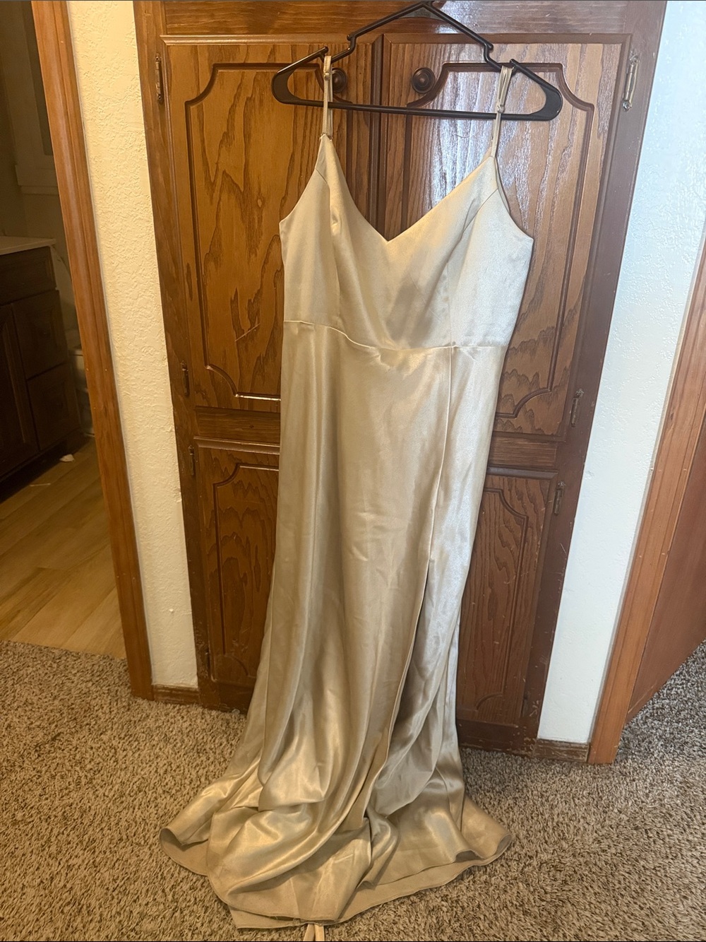 Birdy Grey Satin Champagne Slip Gown with Spaghetti Straps